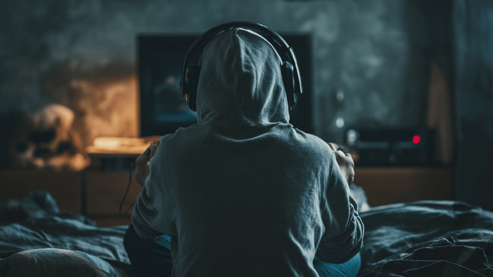 Image produced by generative artificial intelligence ungdom i luvtröja som tittar på datorskärm