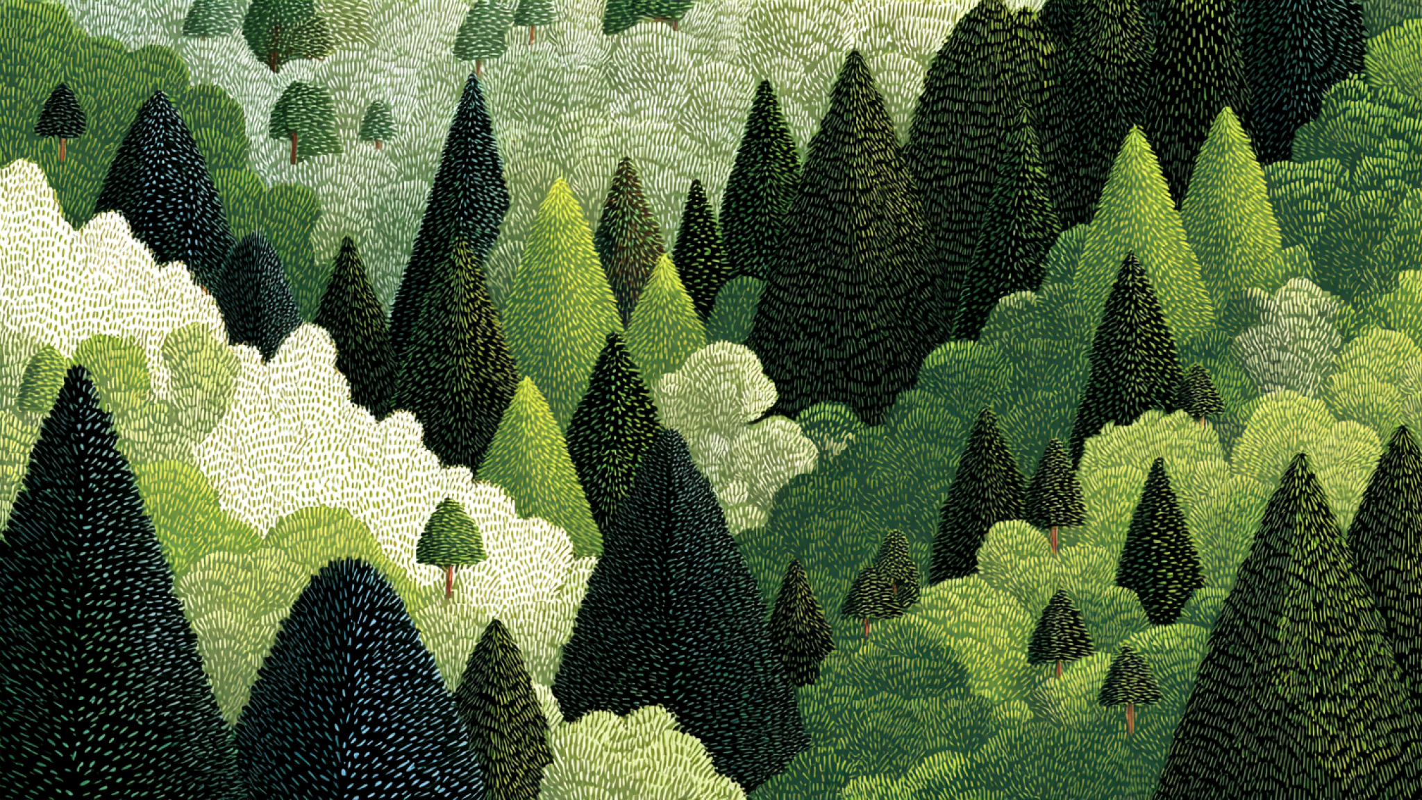 Image produced by generative artificial intelligence Stiliserad bild på träd i olika gröna färger