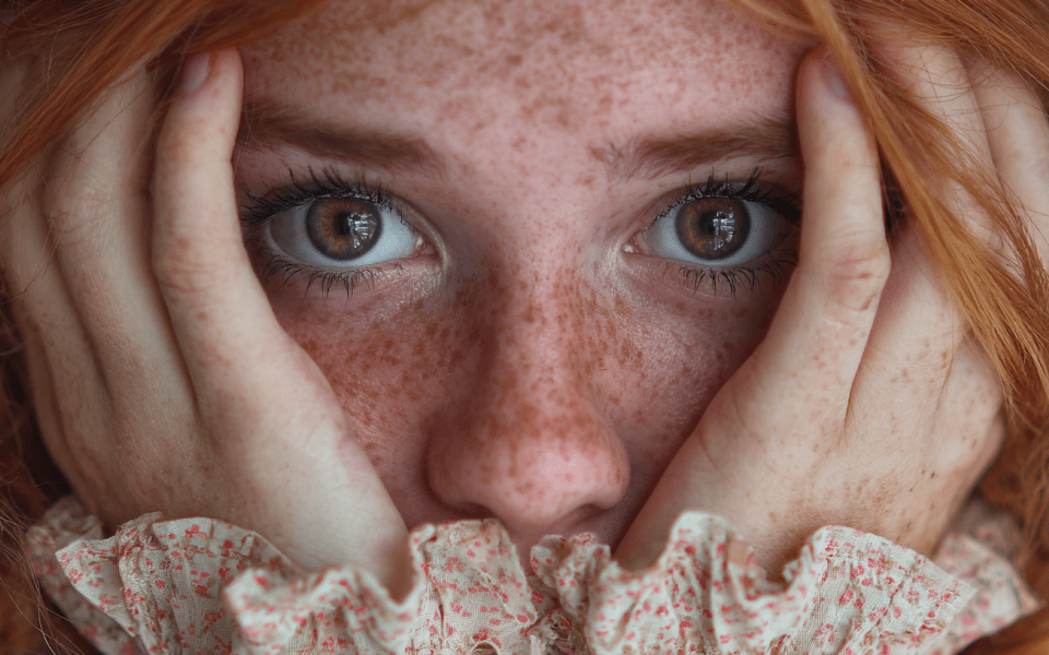 Närbild på flicka som håller händerna runt ansiktet