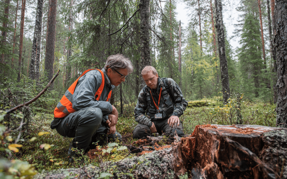 Två män som sitter på huk i skogen